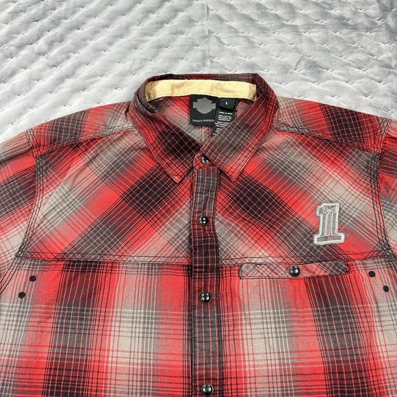 Harley Davidson Shirt Men Large Gray Red Buffalo Plaid Flannel Short Sleeve Logo - Picture 3 of 10